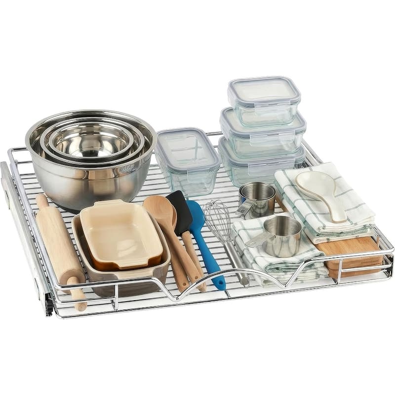 Pull Out Cabinet Drawer Organizer, Heavy Duty- Steel Metal- Chrome Finish - 22"W x 21"D