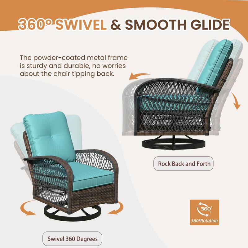 Outdoor Swivel Rocker Bistro Set - 3 Piece Wicker Patio Set with Swivel Rocking Chairs, Cushions, and Tempered Glass Side Table