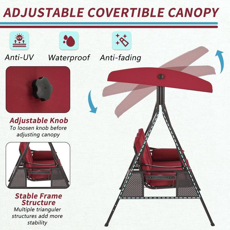 3-Seat Metal Patio Swing, Outdoor Porch Swing Glider with Cushions&Cup Holder