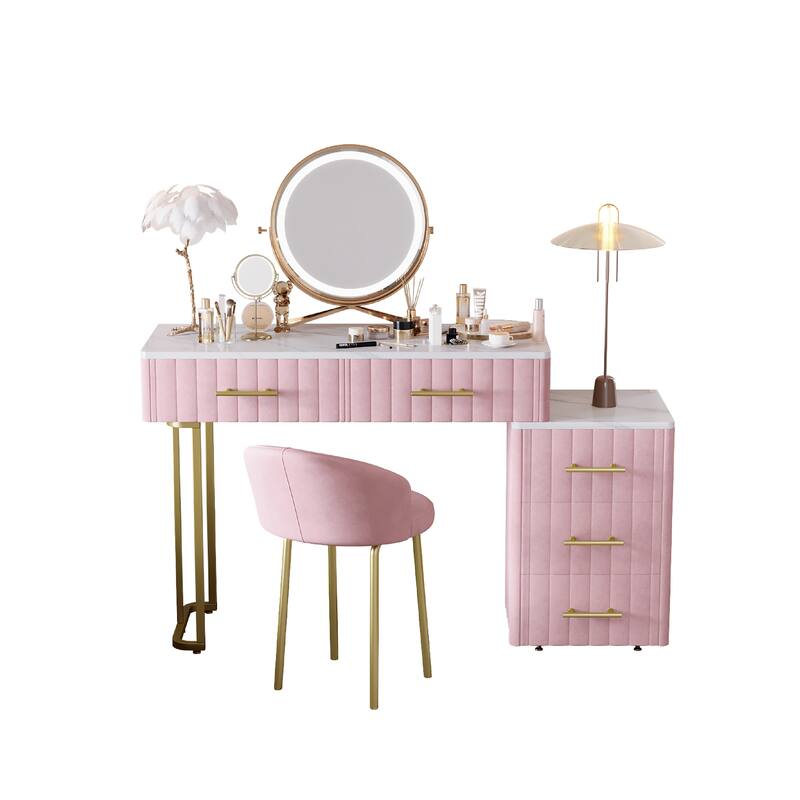 Velvet Upholstered Makeup Vanity Desk with 5 Storage Drawers, Marble-Look Sticker Top Dressing Table and Padded Makeup Chair Set