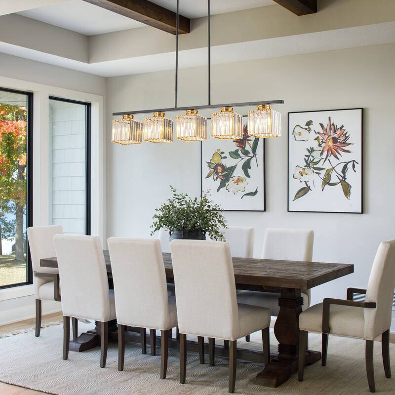 Modern Kitchen Island Lighting 5 Light Linear Chandelier with Crystal Shade - Multi - W 39.37"