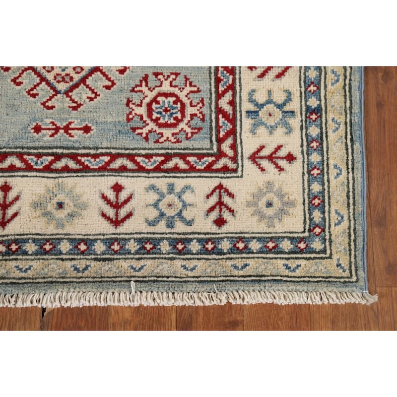 Light Blue Kazak Runner Rug Hand-Knotted Geometric Wool Carpet - 2'7" x 13'1"