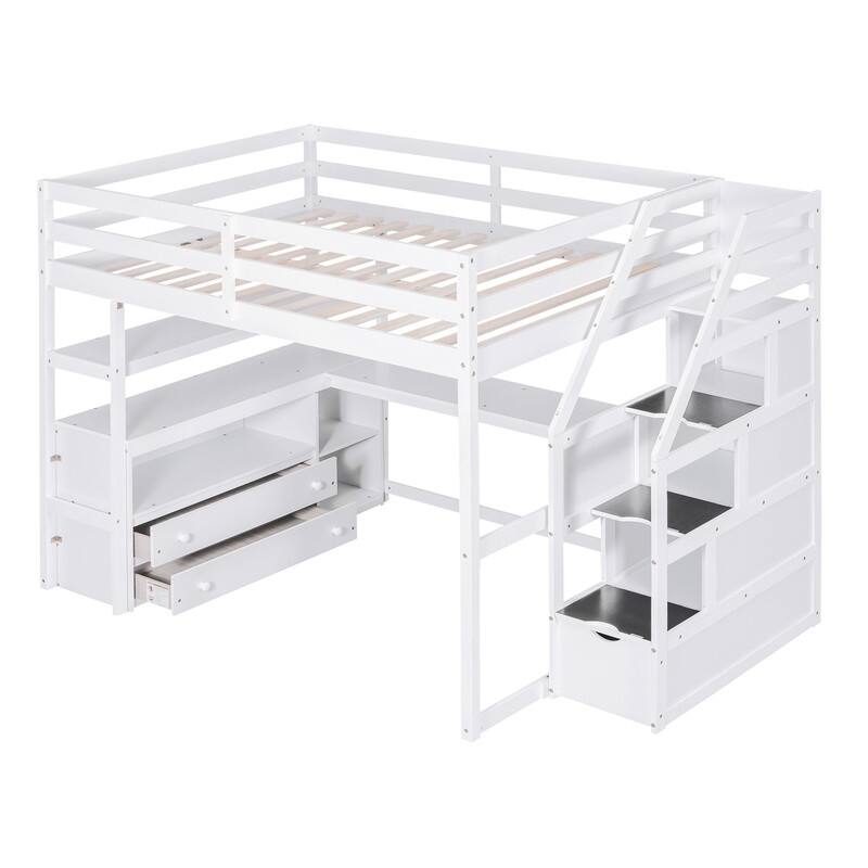 Twin/Full Size Stairway Loft Bed with Built-in Desk with Two Drawers, Solid Wood Bed Frame with Storage Shelves for Kids Teens
