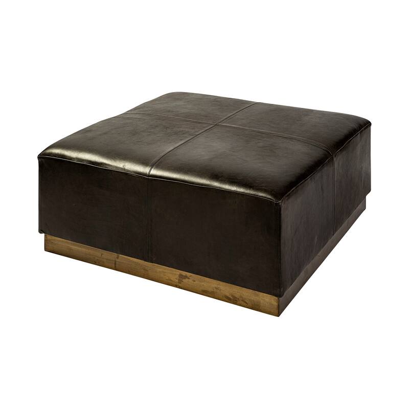 Minara Black Genuine Leather w/ Gold Metal Base 36" Square Ottoman - Black