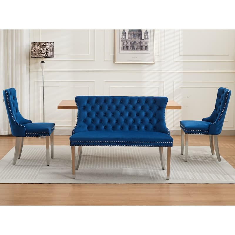 Roomfitters Upholstered Loveseat Bench with Nailhead Trim and Silver Legs, Modern High Back Settee for Dining Room