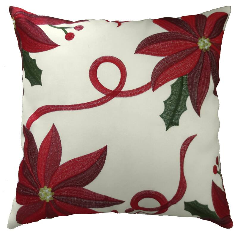 Violet Linen Decorative Christmas Embroidered Poinsettias Bloomy Pattern Decorative Throw Pillow - Embroidered Ivory