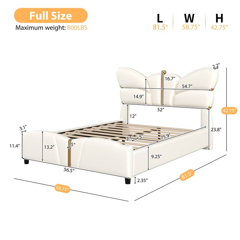 Bedroom Platform Bed Frame with Butterfly-Shaped Headboard, PU Leather Upholstered Bed with Gold Accents