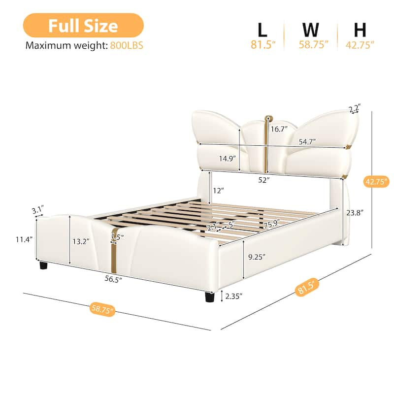 Full Size Upholstered Bed Frame, with Butterfly Shaped Headboard and Footboard, Platform Bed Frame with Gold Metal decorations