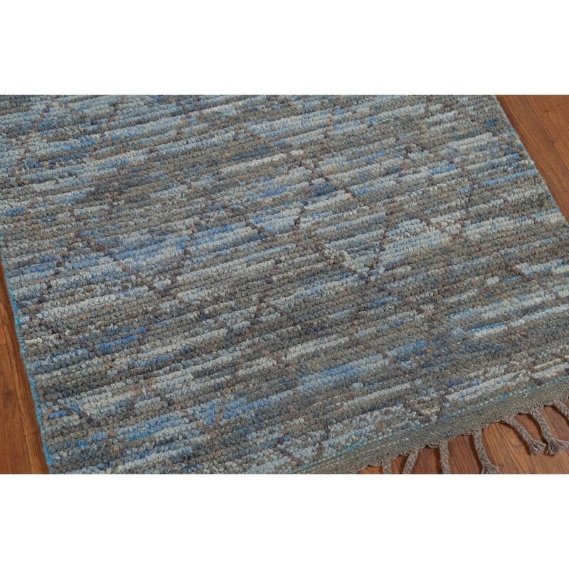 Striped Blue Trellis Moroccan Runner Rug Hand-Knotted Wool Carpet - 3'0"x 12'5"