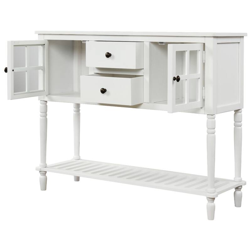 Distressed Wood Buffet Cabinet with Roman Legs and Brass Knobs for Entryway and Kitchen Storage