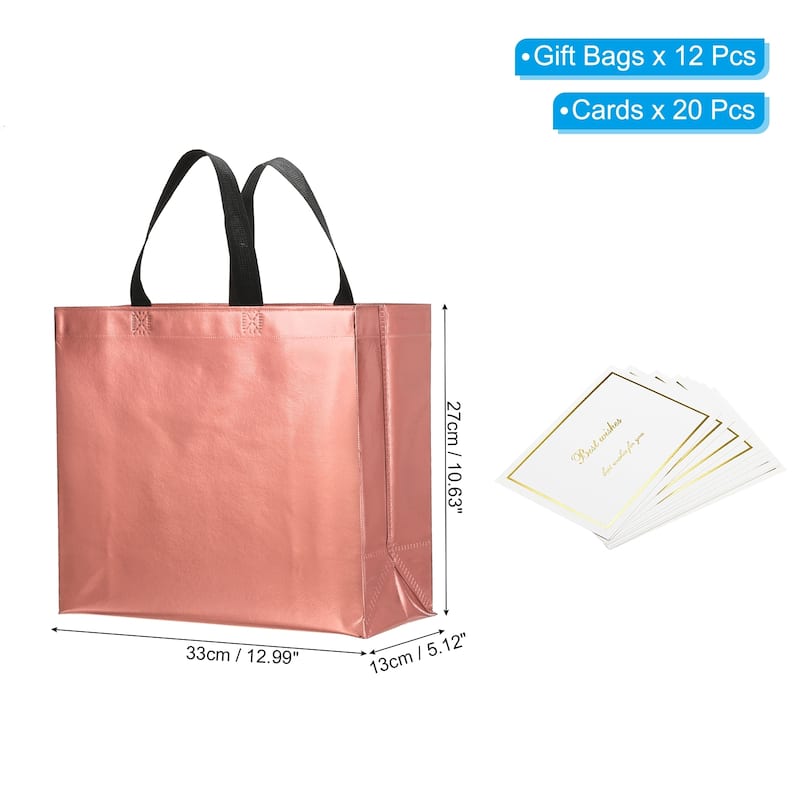Gift Bags with Cards, 12 Set 13" Reusable Non-Woven Gift Goodie Bags - 13"x11"x5" - Pink