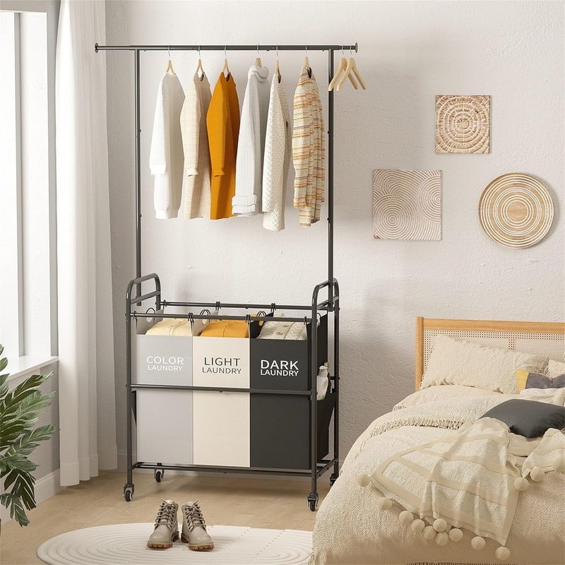 Laundry Sorter Cart with Hanging Clothes Rack - 28.59"L x 15.55"W x 66.54"H