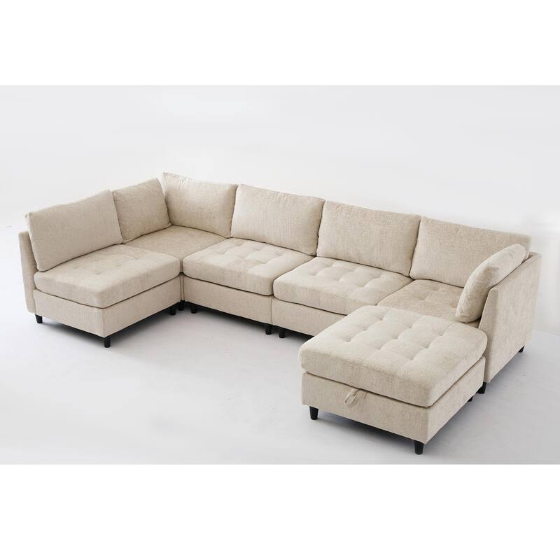 128" Chenille U-Shaped Modular Sectional Sofa with Storage Ottoman, Pocket Spring Support, and 6-Seat Configurable Design
