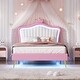 preview thumbnail 1 of 25, Crown Stripe Headboard Platform Bed Frame, PU Upholstered Princess Bed with Remote Control LED Lights, Wood Slat Panel Bed