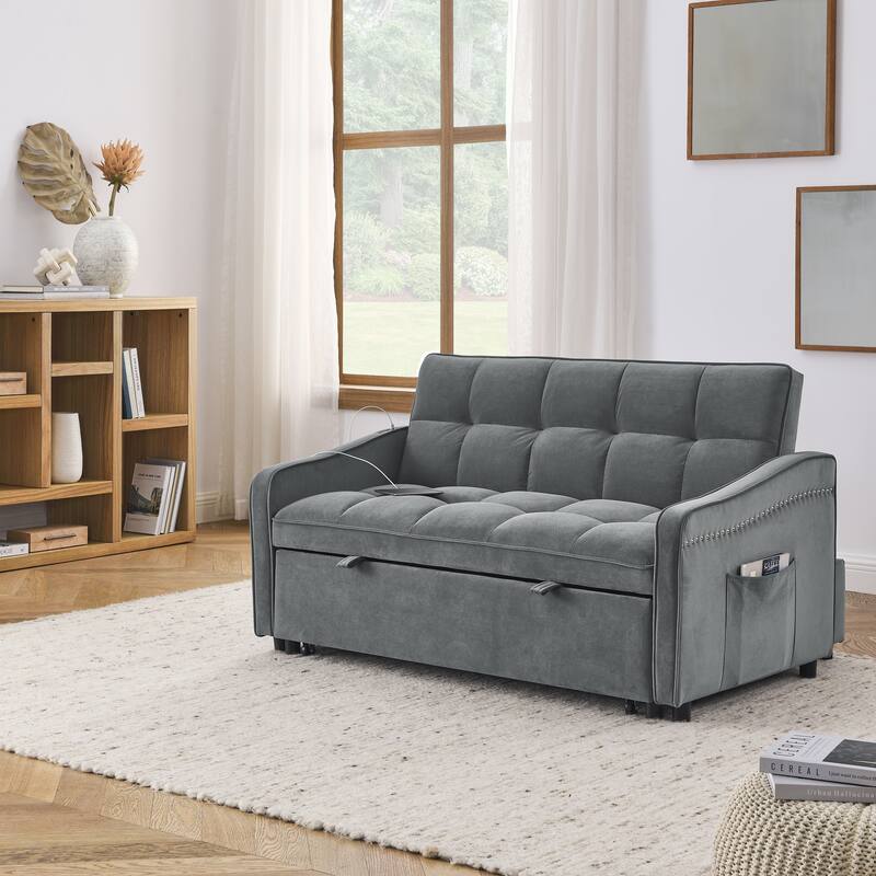 Modern 2-seat Sofa Bed with Pull-out Bed, Adjustable Back, Type C and USB Charging