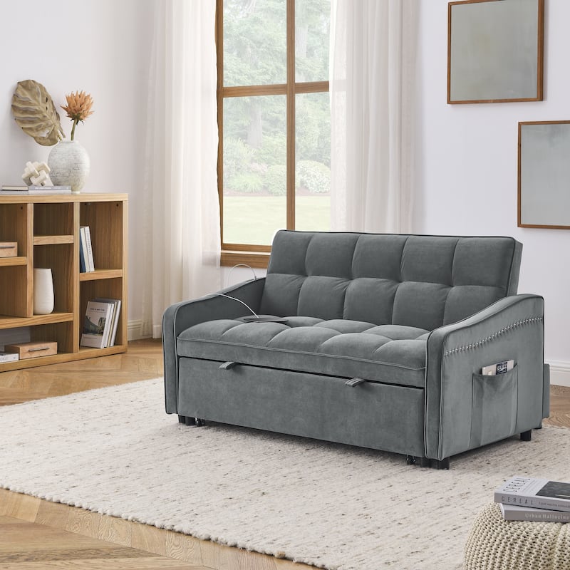 Velvet Sofa Bed with Pull-Out Sleeper and USB Charging Ports for Living Room or Guest Room
