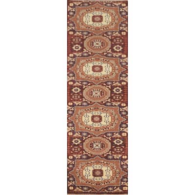 Geometric Kazak Runner Rug Handmade Hallway Wool Carpet - 2'6" x 9'7"