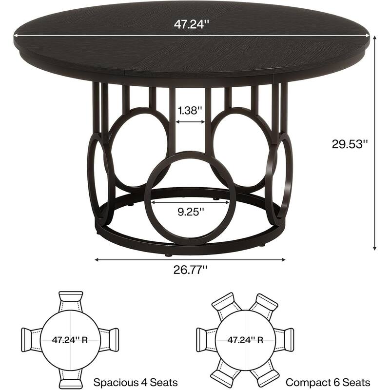 47-Inch Round Dining Table, Wood Kitchen Table with Sturdy Metal Base for 4-6 People