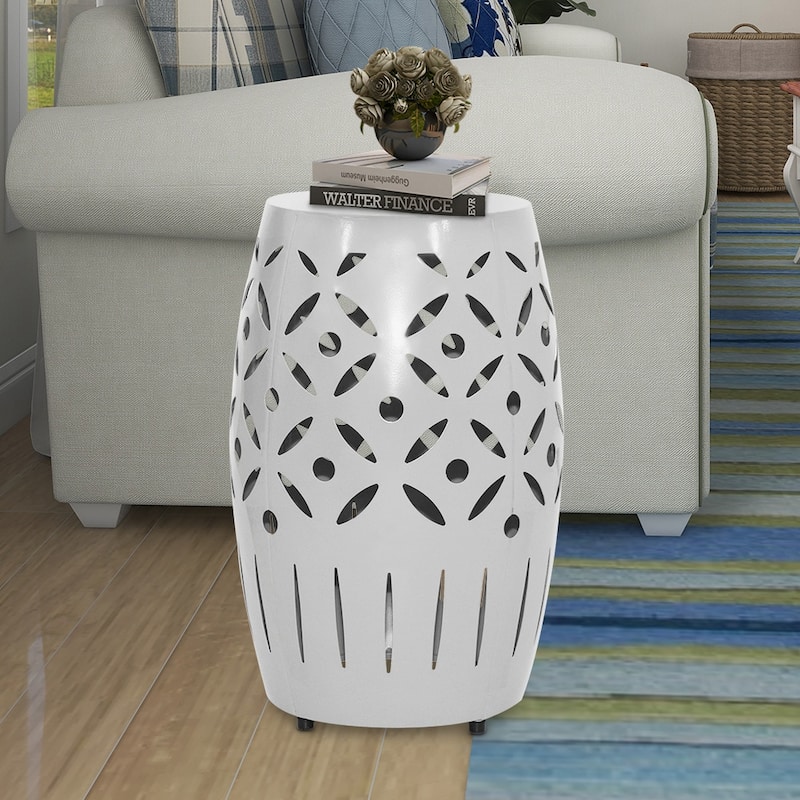 Maypex 18Inch H Geometric Cut Iron Drum End Table - White