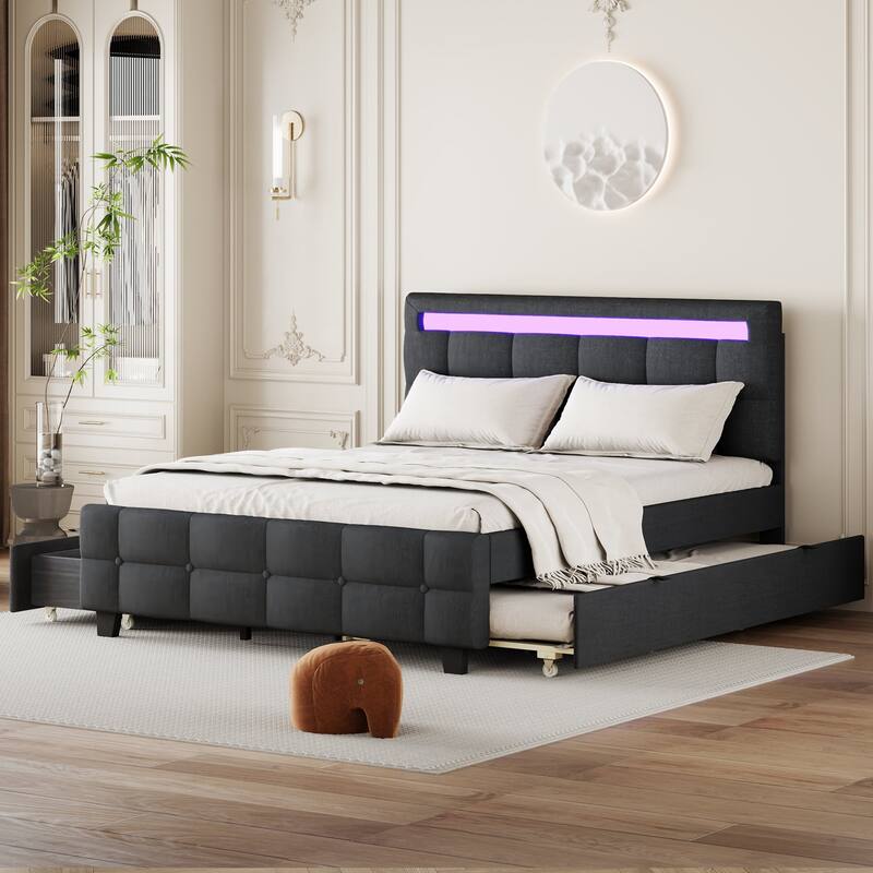 Queen Size LED Upholstered Platform Bed with Twin XL Size Trundle and 2