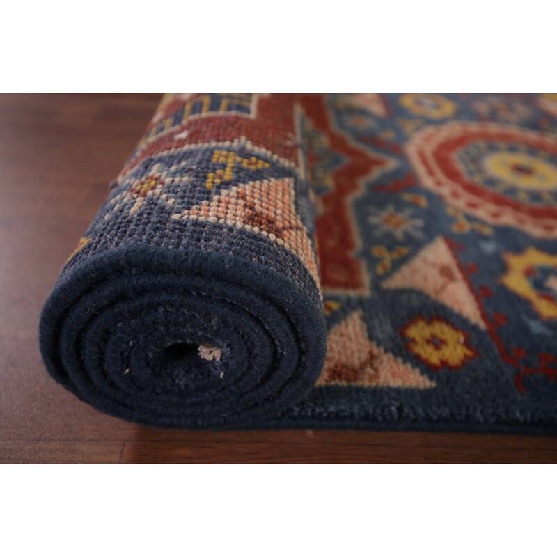 Blue Geometric Kazak Oriental Runner Rug Hand-Knotted Wool Carpet - 2'7"x 8'0"