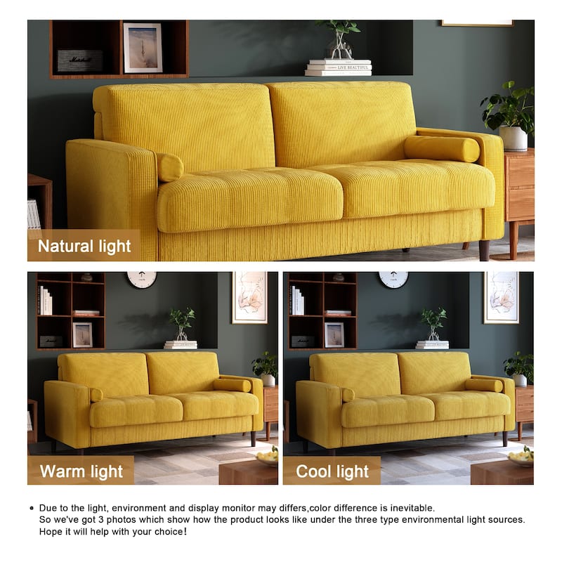 Modern Corduroy Upholstered 2 Seater Sofa with Bolster Pillows