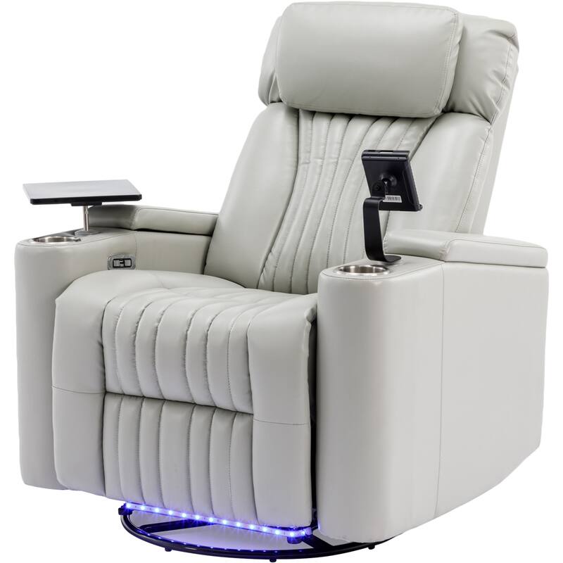 270° Power Swivel Recliner,Home Theater Seating With Hidden Arm Storage and LED Light Strip,Cup Holder