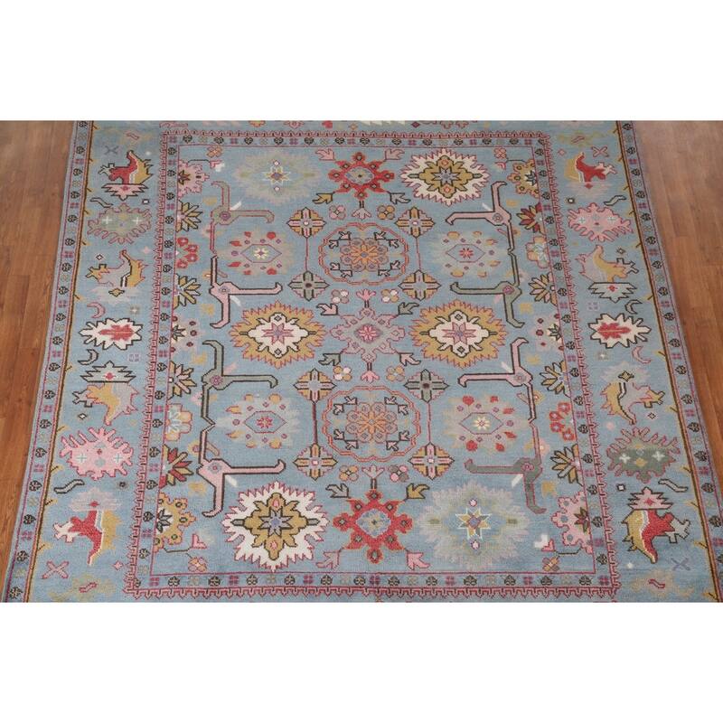 Transitional Blue Oushak Oriental Area Rug Handmade Floral Wool Carpet - 8'1"x 9'6"