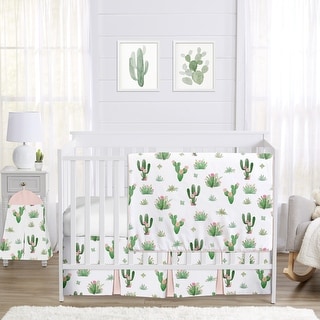 Sweet Jojo Designs Pink and Green Boho Watercolor Cactus Floral Collection Girl 4-piece Bumperless Crib Bedding Set