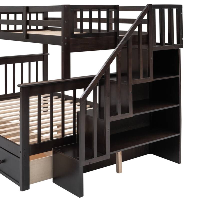 Stairway Twin-Over-Full Bunk Bed with Drawer Storage and Guard Rail for Bedroom
