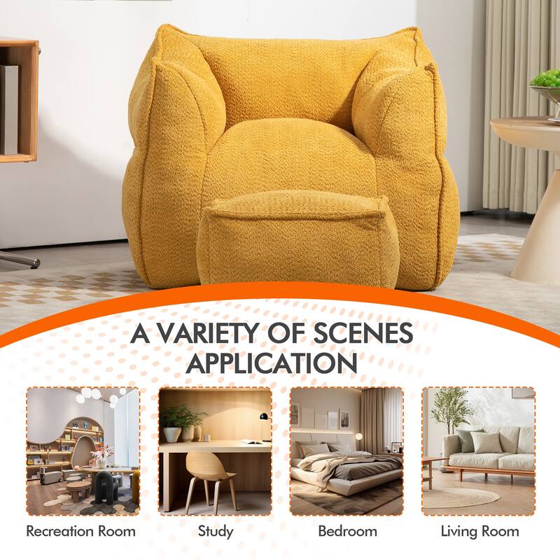 Boucle Upholstered Deep Seat Armless Square Bean Bag Chair with Ottoman