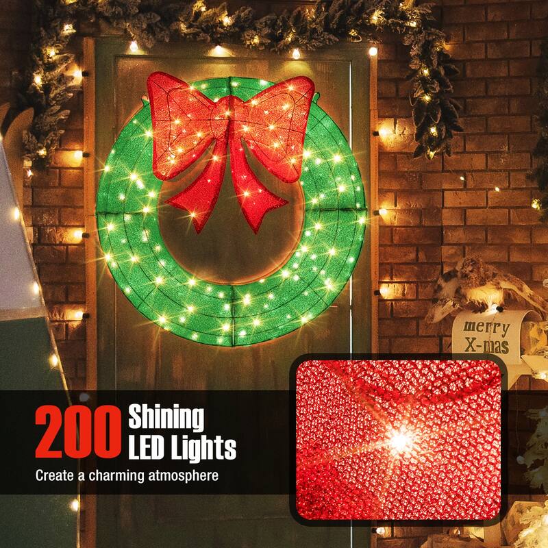 Gymax 48 Inch Pre-Lit Christmas Wreath w/ 200 LED Lights Red Bow