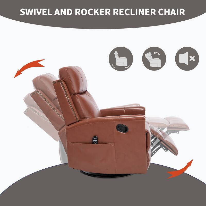 Roomfitters Genuine Leather Swivel Rocker Recliner, Manual Massage Glider with Heat and Top Grain Cowhide, Living Room