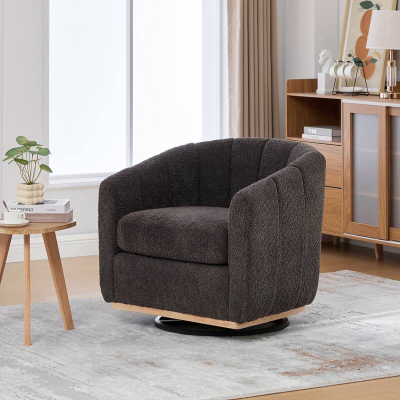 Chenille Upholstered Swivel Barrel Chair, Tufted Pumpkin-Shape Club Armchair, Lounge Reading Chair with Metal Base - Charcoal