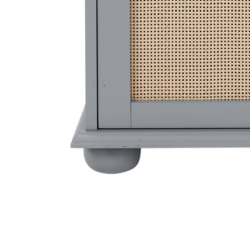 Modern Rattan Door Coat Rack Entryway Storage Bench with Shoe Storage Compartments and Open Shelves