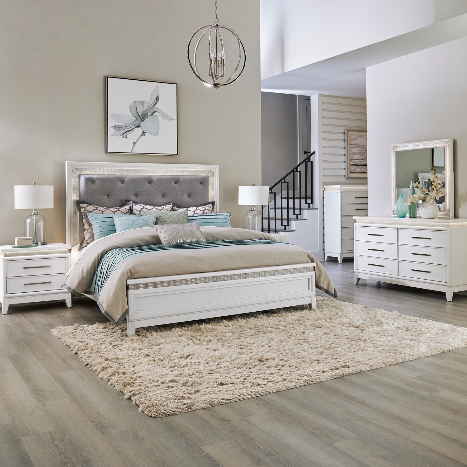 Liberty Furniture Reflections Upholstered Bed, Dresser & Mirror, Chest, Night Stand - King or Queen