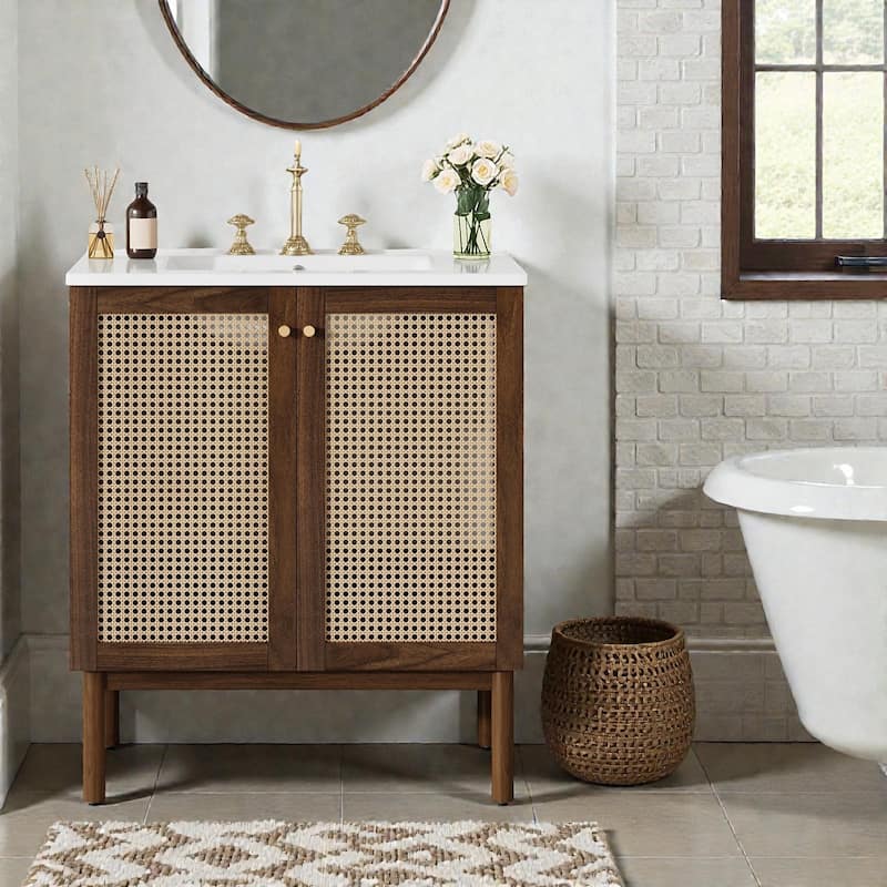 30 Inch Bathroom Vanity with Handwoven Bamboo Doors, Ceramic Sink, Soft Close Freestanding MDF Cabinet
