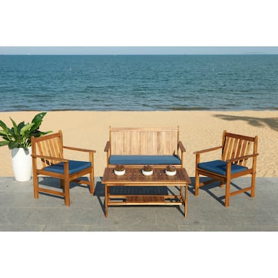 SAFAVIEH Outdoor Living Burbank 4 Pc Outdoor Set - Teak Brown / Navy