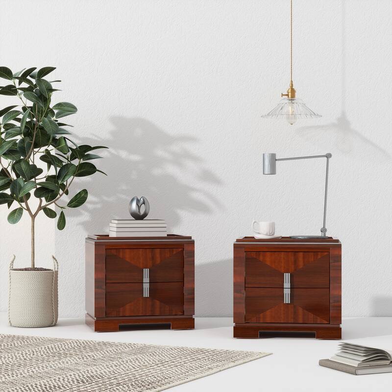 Mid-Century Modern 2-Drawer Diamond Wood End Table with Storage - Dark Brown - Dark Brown