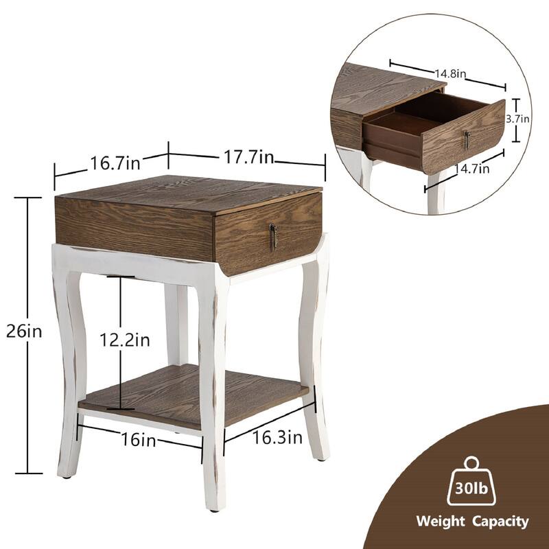 SUNBURY Farmhouse Nightstand Wood Accent End Table w Drawer and Shelf