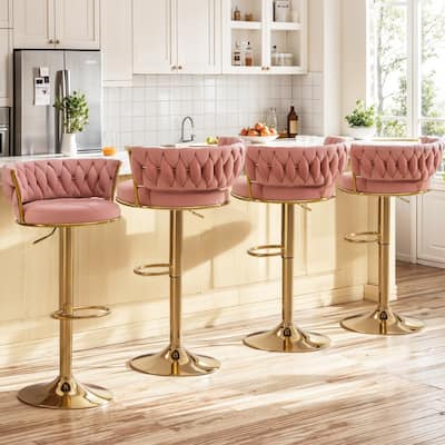 Javlergo Bar Stools Set of 4, Velvet Swivel Bar Stools, Adjustable Height Barstool with Woven Back & Footrest