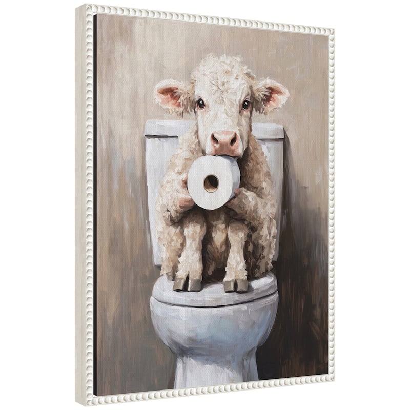 Kate and Laurel Sylvie Cute Cow Toilet Paper Roll Toilet Bathroom Art Framed Canvas by The Creative Bunch Studio - 18x24