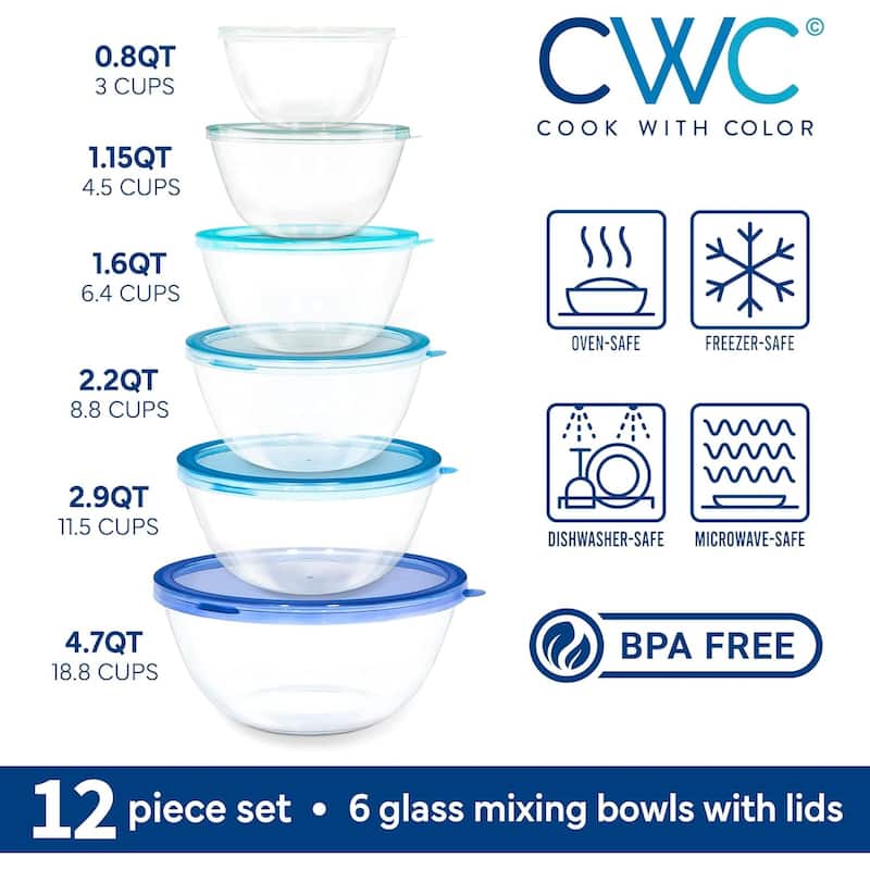 COOK WITH COLOR 12 Pc Glass Nesting Mixing Bowl Set with Lids for Cooking and Prep