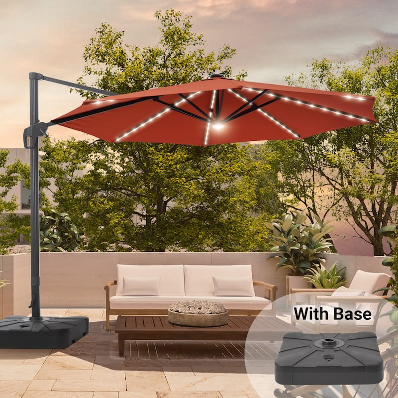 11FT Solar LED Patio Cantilever Umbrella With Resin Base by Bonosuki - Red