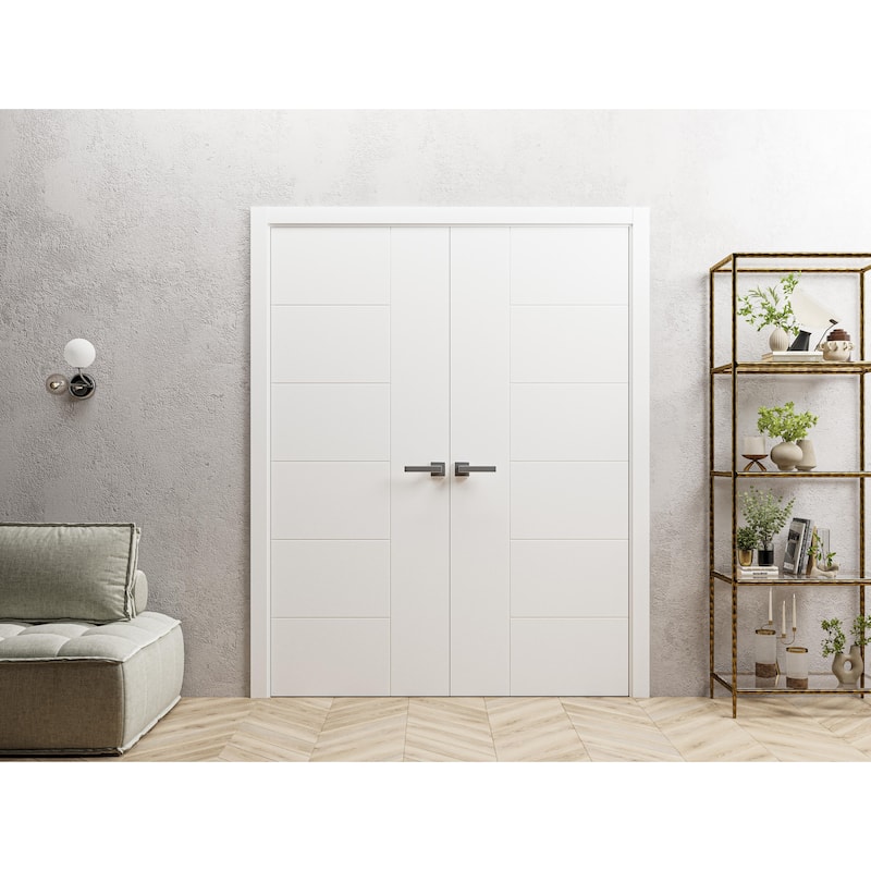 Interior Solid French Double Doors / Mela 0716 Painted White / Wood Interior Solid Panel Frame / Closet Bedroom Modern Doors