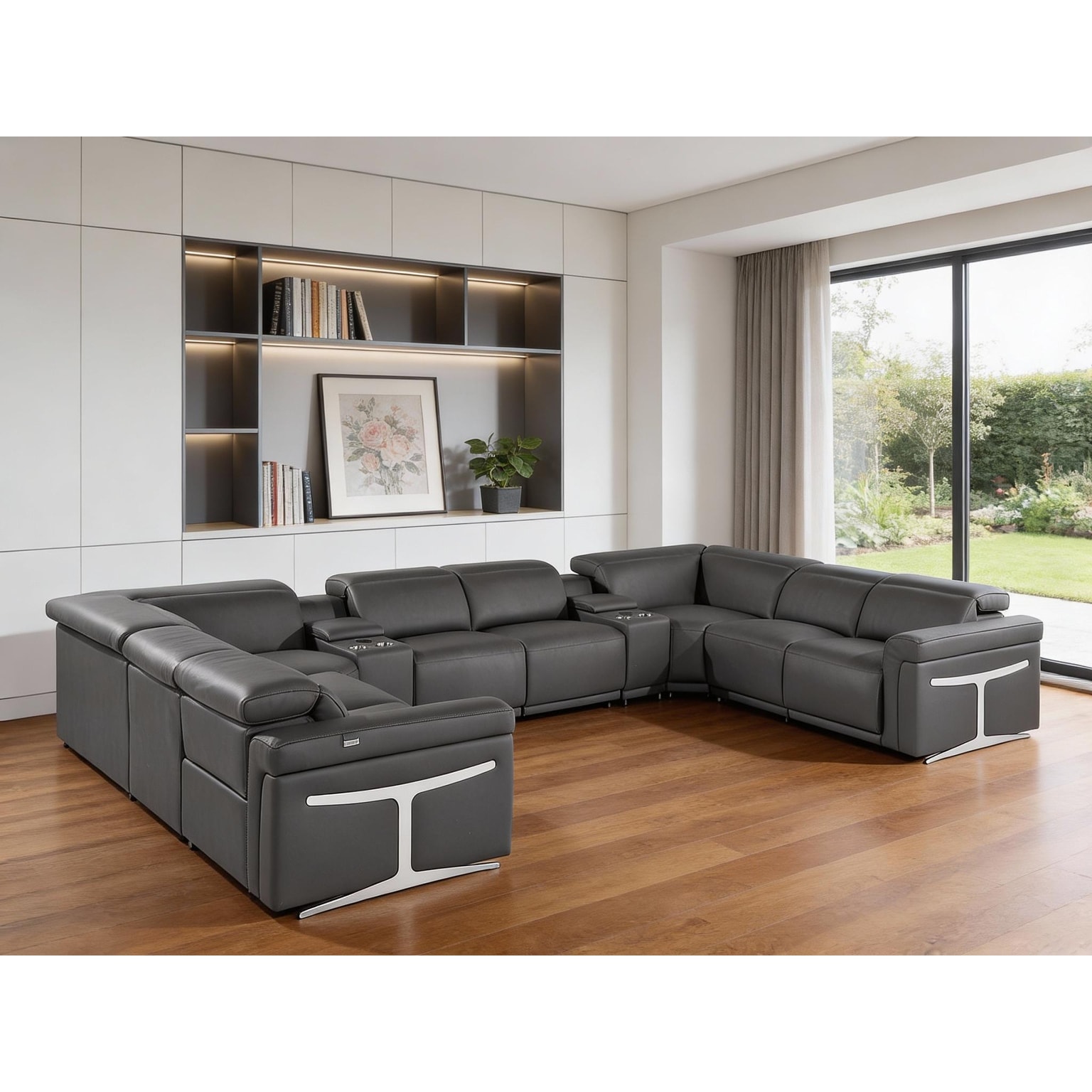 HomeRoots Dark Gray Italian Leather Power Reclining U Shaped Ten Piece Corner Sectional With Console