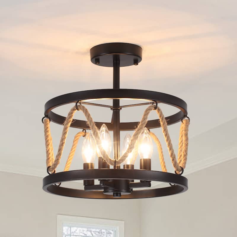 4-Light Hemp Rope Semi- Flush Mount with No Bulbs Included