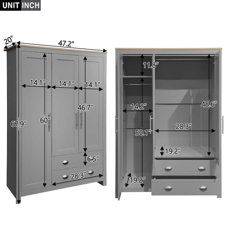 Large Capacity Wardrobe, 3 Door Armoires Clothes Storage Cabinet with 2 Hanging Clothes Rods & 2 Drawers for Bedroom