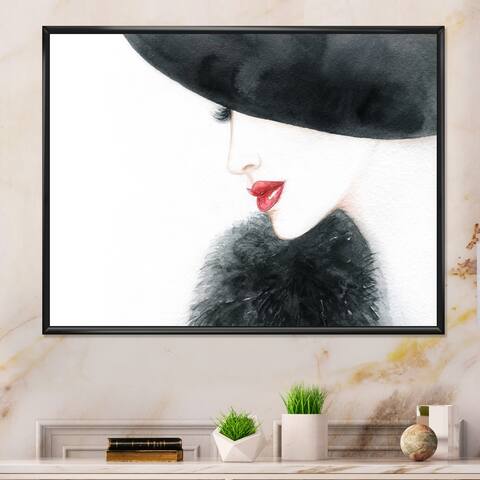 Designart 'Stylish Fashionista With Black Hat And Red Lips II' Glam Framed Canvas Art Print