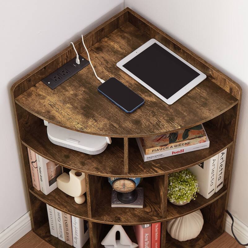 VECELO Corner Cabinet with Charging Station or No Charging Station 3-Tier Bookcase Storage Organizer Triangle Corner Bookcases